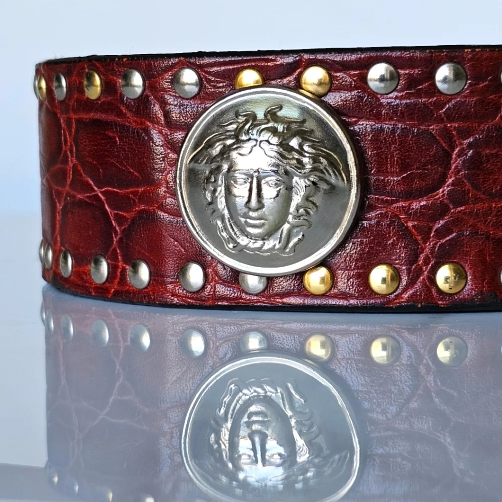 ✨ Vintage Gianni Versace Medusa Studded Leather Belt Brown Croc, Gold & Silver